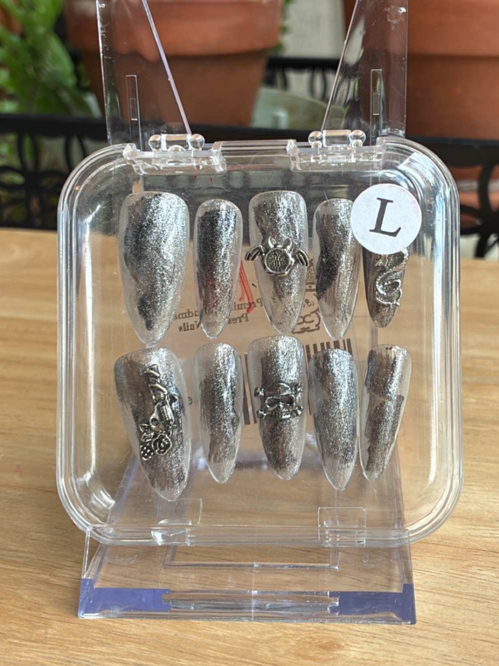 Metallic Silver Press-On Nail Set with 3D Charms - Large